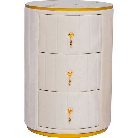 Table de chevet ronde 3 tiroirs, velours beige, dessus marbre blanc, poignées dorées – Rangement moderne pour chambre ou salon