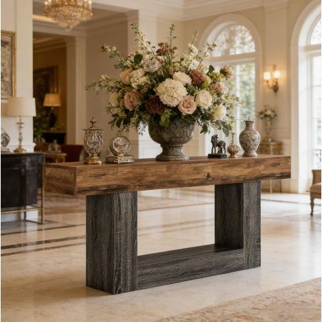 Table console 159,7x29,7x81,7 cm gris y marrón rústica, con estante, en MDF, MEUBLIV (1/5)
