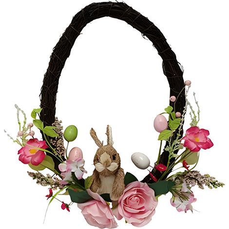 Ghirlanda con Coniglio di pasqua e fiori rosa decorazioni pasquali dietro porta arredo casa 50 cm (1/4)