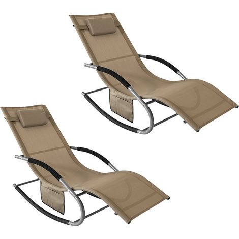 SoBuy Set of 2 Sun Lounger Garden Chair Recliner with Cushioned Pillow & Side Pocket Garden Rocking Chair with Steel Frame Outdoor Furniture Brown OGS28-BRx2 (1/5)