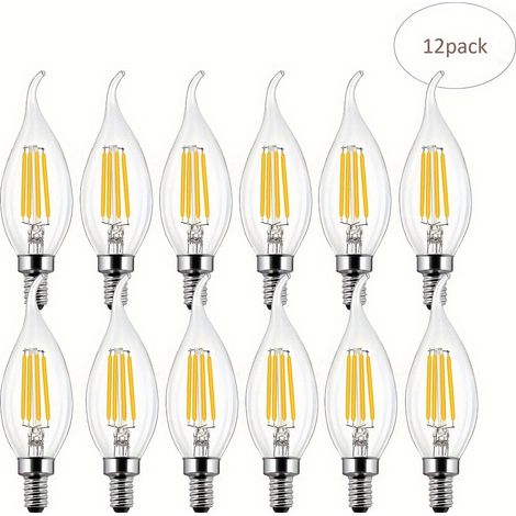 Lot de 12 ampoules LED C35T en forme de bougie, Blanc chaud 2700 K, Culot E14, Verre transparent