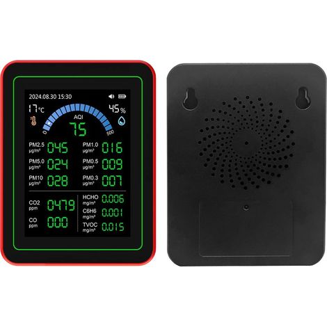 Compteur de qualité de l'air 18 en 1, CO2 TVOC HCHO PM2.5 PM10, testeur de détection de température et d'humidité, stockage de données alimenté par batterie en intérieur, noir (1/5)