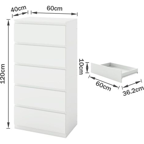 Kommode 120cm Breit Weiss Matt mit 5 Schubladen, 40cm Tief