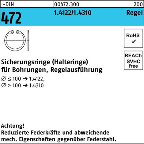 Bague d'arrêt DIN 472 100 x 3 1.4122 version standard. 10 pièces