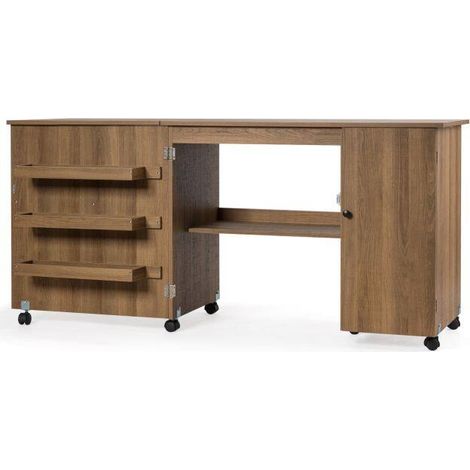 Table de couture pliante marron en MDF avec plateau large 158 x 50 x 75 cm et roulettes freinées pour atelier, bureau et salon (1/5)