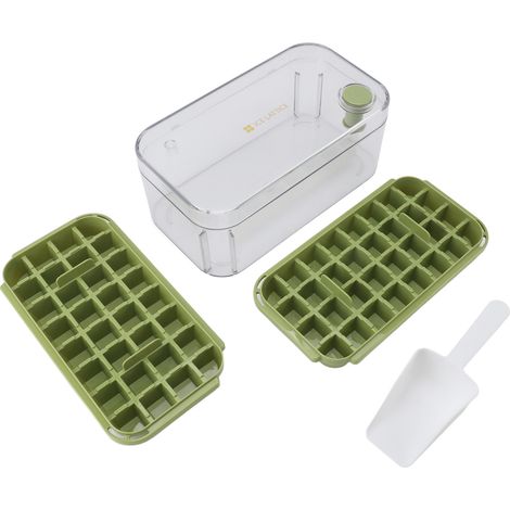 Vassoio per cubetti di ghiaccio a doppio strato con 64 scomparti, coperchio e paletta, in PP senza BPA, verde, con sistema di sgancio rapido e chiusura ermetica. (1/5)