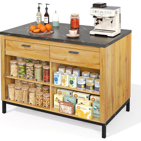 Îlot de cuisine style maison de campagne 120 x 75 x 90 cm avec 2 tiroirs, 4 niches ouvertes et plateau effet marbre noir - CHICFURN (1/5)