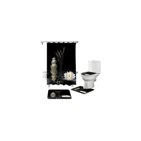 4 pièces Ensemble de Rideaux de Douche Zen Stones Blanc Lotus Noir Rideaux de Douche Imperméable Rideau de Salle de Bain Couverture de Toilette Tapis Tapis Antidérapant 180x180cm (1/5)