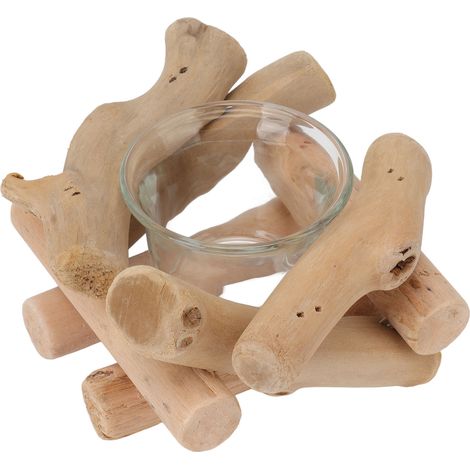 Porte-bougie en verre et bois flotté vintage, décoration rustique pour intérieur et accessoire déco photo. (1/5)