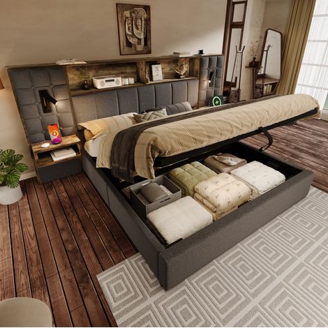 DESVIAE Lit rembourré avec rangement 160 x 200 cm gris avec LED lampes de lecture ports USB Type C tables de chevet intégrées sommier à lattes (1/5)