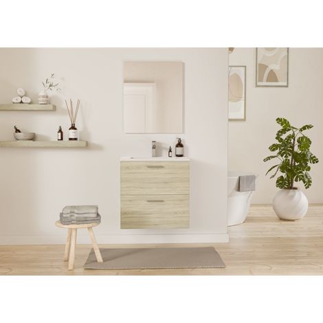 Meuble de salle de bain MINAO 60 en kit - 2 tiroirs - Bois Clair - Faible profondeur