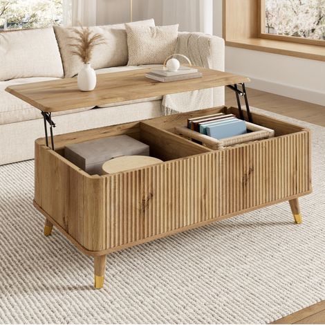 Tavolino da salotto 97x52x56.5 cm, piano regolabile in altezza, struttura a onde, MDF, color legno (1/5)