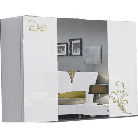 Grande armoire de chambre design 3 portes coulissantes bois laqué blanc et doré Jade 270cm (1/4)