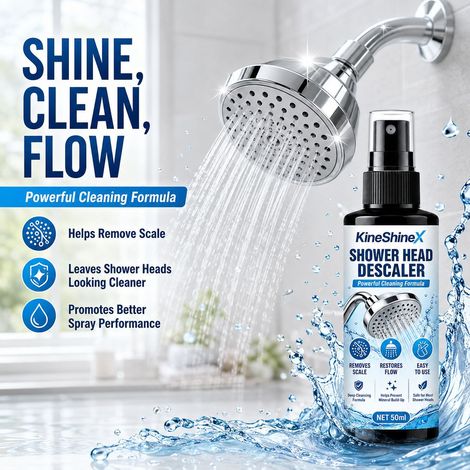 Le nettoyant pour pommeaux de douche KineShineX rénove efficacement le calcaire, rétablit le débit d'eau et nettoie les buses des pommeaux de douche. (1/4)