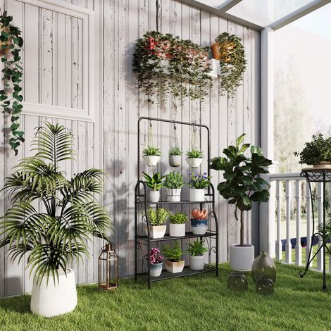 Soporte para plantas de metal negro de 3 niveles con barra colgante y 3 ganchos, 75 x 25 x 137 cm (1/5)