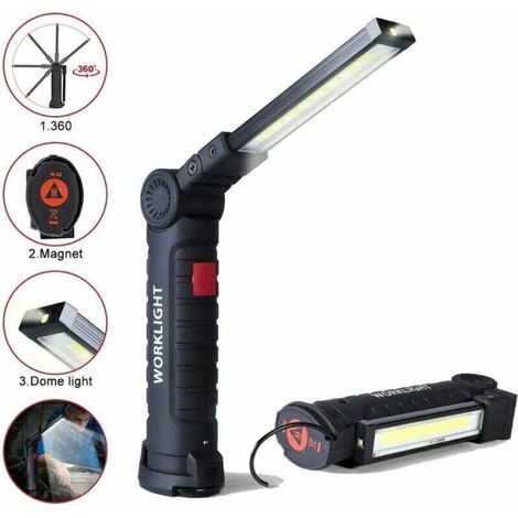 Ulisem Lampe de travail LED rechargeable avec 800 lumens, base magnétique, 5 modes pour garage, camping, urgences, lampe torche baladeuse LED.