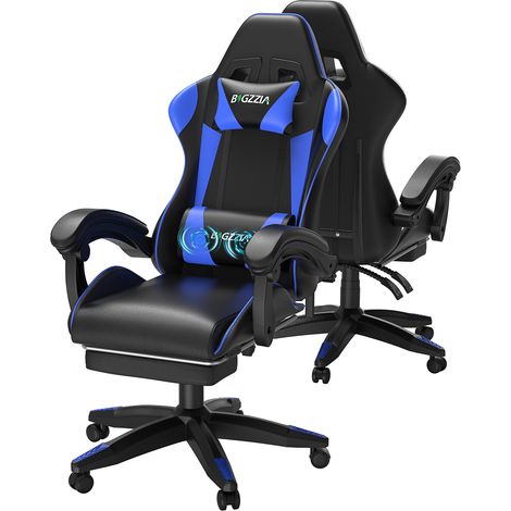 Ergonomic Gaming Chair Massage Recliner Footrest PU Leather Blue (1/5)