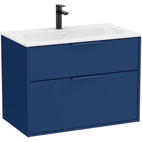 Pack meuble unik "OPTICA" 800 - 2 tiroirs + lavabo plan en Stonex - Bleu Acier Mat - Roca (1/2)
