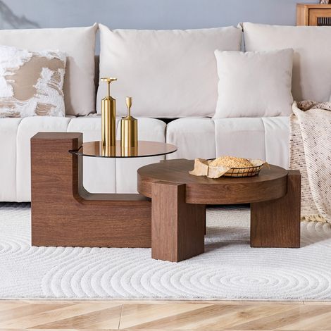 Lot de 2 tables basses gigognes rondes - Ø61cm et Ø44cm - Plateau verre trempé marron 6mm et effet noyer avec pieds en L - Noyer (1/5)