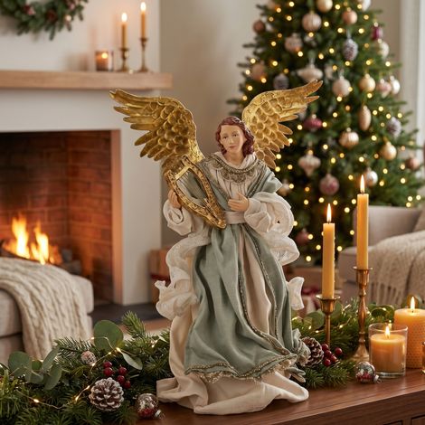 Angelo per presepe vestiti in resina e canapa color beige e verde h 36 cm (1/3)