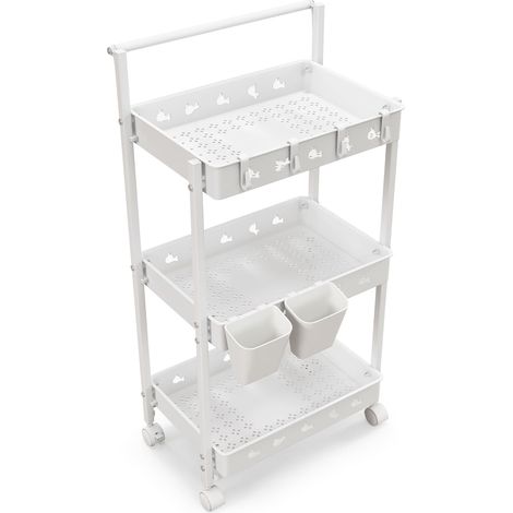 COSTWAY 3-Tier Rolling Storage Cart Utility Cart with 2 Hanging Cups & 4 Hooks (1/5)