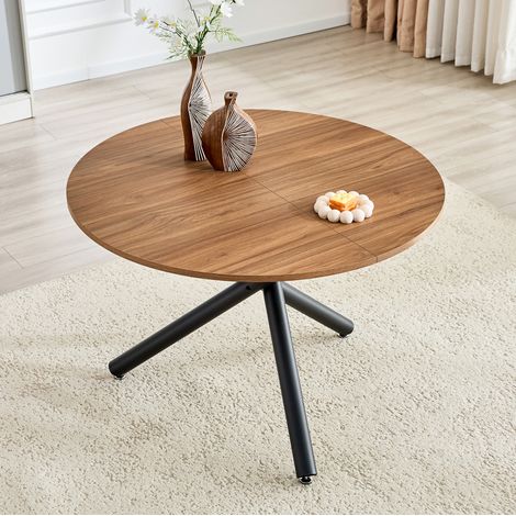 Mesa auxiliar redonda negra y nogal en MDF y metal con patas cruzadas (1/5)