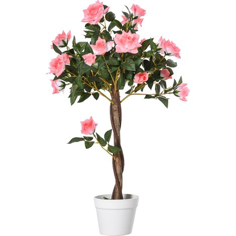 Pianta Finta di Rosa da 21 Fiori con Vaso Riempito in Cemento e Muschio, Ø18x90 cm, Rosa