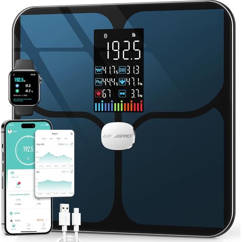 Balance de salle de bain numérique intelligente pour poids corporel, grand écran LCD, 16 mesures de composition corporelle, IMC, poids de l'eau, fréquence cardiaque, mode bébé, 181,4 kg (1/5)