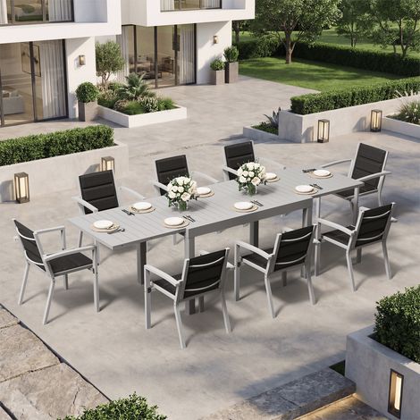 Ensemble Table Chaise Jardin 8 personnes, Table Jardin Chaise en Aluminium, 8 Chaises Jardin Empilables et 1 Table Jardin Extensible (130/260 cm), Imperméable, Antirouille, Tout Temps, Gris Clair
