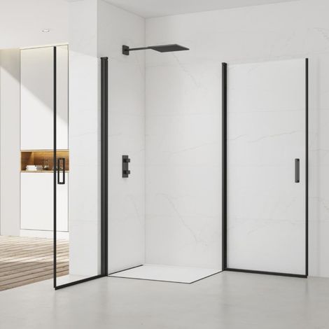 Swiss Aqua Technologies Puertas de ducha pivotantes angulares Fusion Acces 80x80cm antical con perfiles negro mate (SATFUD8080C-SET)