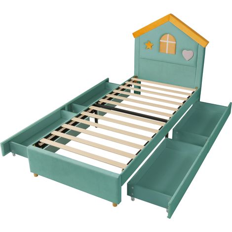 Kinder-Polsterbett 90 x 200 cm Blaugrün mit Haus-Kopfteil und 4 Schubladen HOMVRA (1/5)