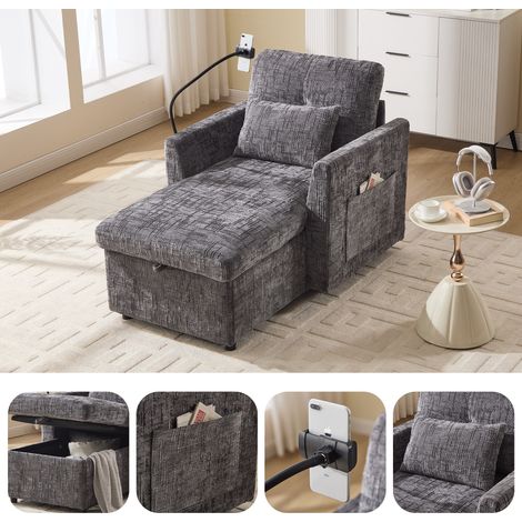 Divano relax 125x84.5x87cm con supporto per telefono et vano contenitore - poltrona lounge dal design moderno - ciniglia - grigio (1/5)
