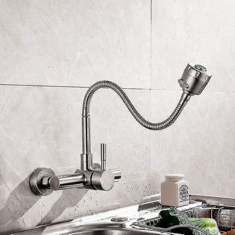 Wandmontierter Küchenwasserhahn aus Edelstahl 304, 360° drehbar, mit flexiblem Schlauch. (1/5)