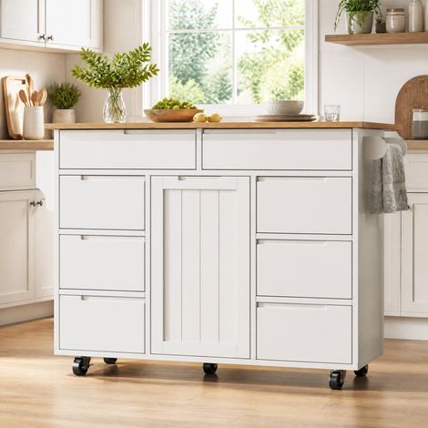 Isla de cocina 122/74,5/91,5 cm blanca con tablero abatible, 8 cajones y ruedas (1/5)