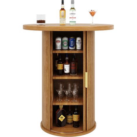 Mini Bar Rond à Cannelures Verticales en Panneau MDF Aspect Bois, 4 Niveaux de Rangement Intérieur, Porte à Poignée Dorée, Dim 60×91,6cm, Table de Bar à Vin Autoportante pour Salon (1/5)