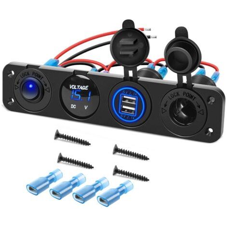 Panneau de Prise de Chargeur Marche/arrêt 4 en 1, Double Prise USB, Voltmètre LED, Prise Allume-Cigare et Interrupteur à Bascule Allumé par LED (Bleu) (1/5)