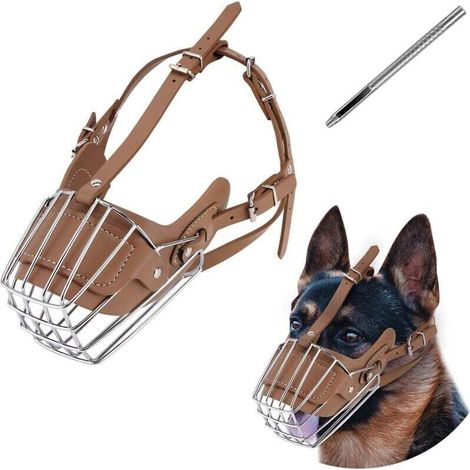 Muselière pour chien, panier en métal pour chien, laisse en cuir réglable et respirante pour chien, convient aux grands chiens de taille moyenne (BrownL)