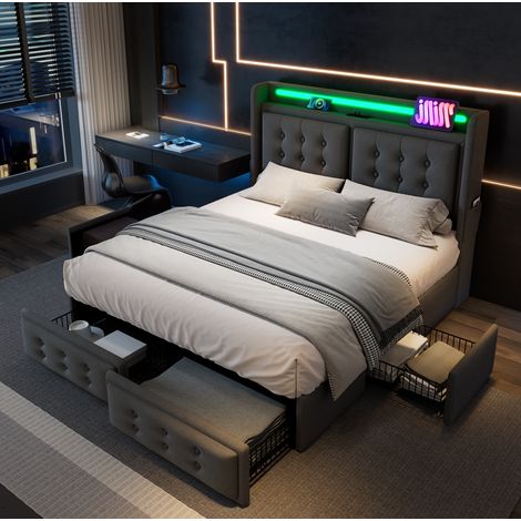 Letto matrimoniale imbottito 180x200 cm con testiera LED, USB-C, 4 cassetti, grigio (1/5)