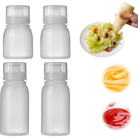 Lot de 4 flacons souples pour sauces - Flacons rechargeables pour sauces - Petites bouteilles en plastique avec bouchon - 300 ml + 180 ml - Anti-fuite - Distributeur de sauce transparent pour ketchup, (1/5)