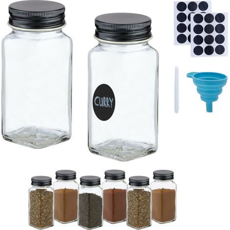 Salière & poivrière, set de 8, 120 ml, embout tamiseur, étiquettes, marqueur, entonnoir, transparent/noir (1/4)