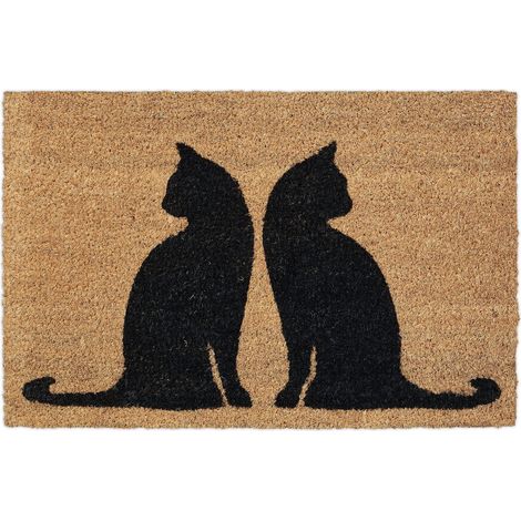 Paillasson Coco, 40 x 60 cm, Tapis de Porte Motif Chats, intérieur, extérieur, antidérapant, Nature/Noir (1/5)
