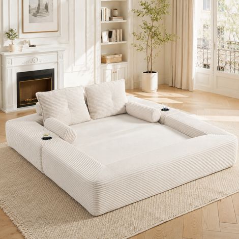 Sofá cama 180/198 cm de pana beige con portavasos, bolsillos laterales y cojines viscoelásticos (1/5)