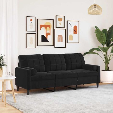 Canapé 3 places en velours noir avec 2 coussins décoratifs, 197 x 77 x 80 cm - PANGIVO (1/5)