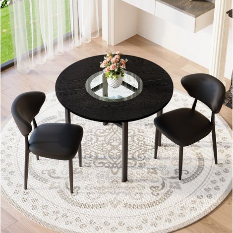Ensemble de salle à manger rond MDF noir et verre avec 2 chaises en PU noir, table Ø100 cm, étagère en verre (1/5)