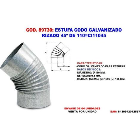 FPLUS estufa codo galvanizado rizado 45º de 110 cg11045(04) , estufa codo galvanizado rizado 45º de 110 cg11045(04)