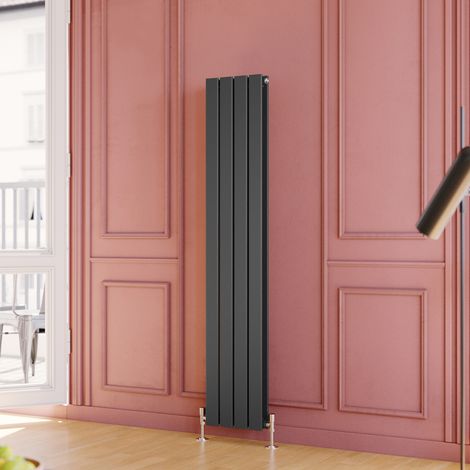 ELEGANT Anthracite Radiator Durable Flat Panel 1600 x 300 mm Premium Mild Steel High Thermal Conductivity + Chrome Angled Radiator Valves (1/7)