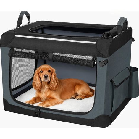 Sac de Transport pour Chien, Cage de Transport pour Chien à Trois Portes avec Bandes Réfléchissantes et Poche, Tissu Oxford, Respirant, Matelas Amovible, Gris, 76,2 x 53,4 x 53,4cm (1/5)