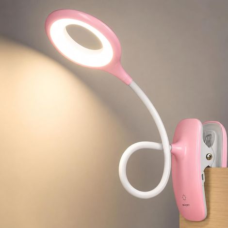 Lampe de Bureau Enfant à Pince, 3 Couleurs, Rechargeable USB, Rose (1/5)