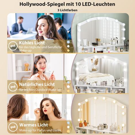 Tableau de maquillage Hollywood avec 10 ampoules LED, miroir lumineux, 7 tiroirs, 3 casiers, en panneau MDF blanc