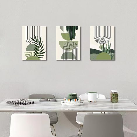 JSSEVN-3Pcs Esthétique Vert Botanique Tableau Décoration Murale Salon Impression sur Toile Nordique Géométrique Lignes Image sur (1/3)